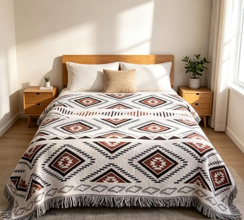 Luxlovery Beige Bohemian Sofa Throw Blankets Ethnic Woven Boho Geometric White and Khaki Throw Blanket for Couch Aztec Bed Throws Oversized Chair Sofa Cover with Tassels(51"x70") - color: Mocha, size: 51"x70",130x180cm