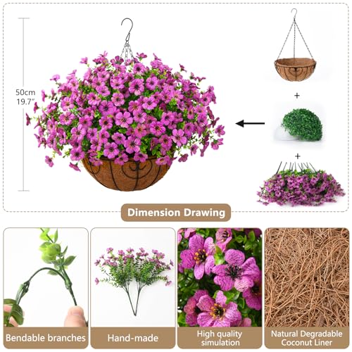 Artificial Hanging Flowers Basket for Outdoor, UV Resistant Plants Daisy - color: Dark Purple
