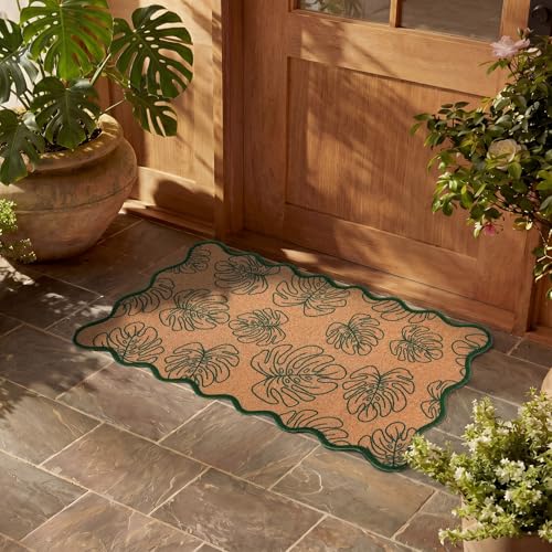 Dunzy Monstera Leaf Doormat Outdoor Green Scalloped Faux Coir Welcome Mat - style: Monstera