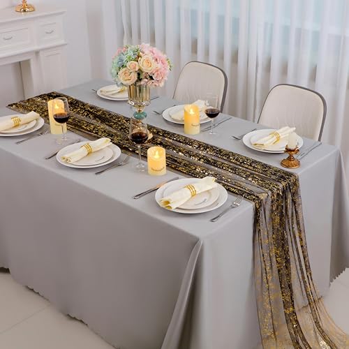 Snowkingdom 10 Pcs Black & Gold Cheesecloth Table Runner 10 FT, Sheer Chiffon Sparkle Gauze Mesh Runners 120 Inch, Glitter Table Centerpieces Decoration for Birthday Party Wedding Christmas Halloween - color: Black Gold, size: 10FT/10Pcs