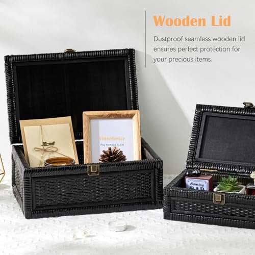 2PCS Rattan Box with Lid Decorative Natural Handmade Boho Basket - color: Black, size: Set of 2 (1 Large 1 Small)