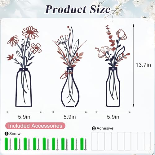 Embewhis Wall Decor Metal Flowers 3pcs, Rustic Farmhouse Flower Sculptures, 13.7" Wall Art Decor, Drill-Free Install Option for Living Room, Kitchen, Bedroom & Bathroom - size: B