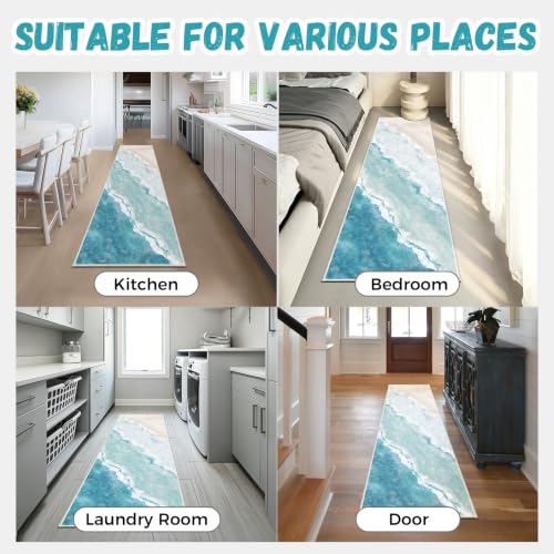 Beach Pattern 2x7ft Runner Rug Non Slip Washable Kitchen Runner Rug with Rubber Backing,Low-Pile Soft Washable Runner Rugs for Hallway Entryway Kitchen Bedroom Living Room Bathroom - color: Light Blue Beach, size: 2' x 7' (Rug)