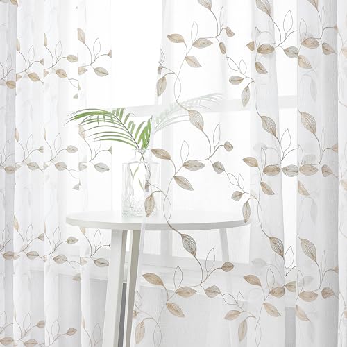 Tollpiz Taupe Leaf Sheer Tier Curtain Kitchen 30 x 36 Inches - color: Taupe, size: 30"W x 36"L (Pack of 2)