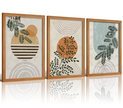 HCJWCXD Boho Plant Wall Art Set of 3 Framed Canvas Prints 12x16 Inch - color: Green Leaves and Rising Sun, size: 12x16 Inches