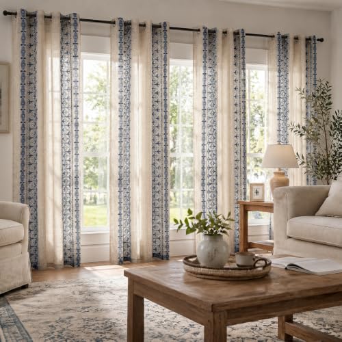 Deconovo Floral Linen Sheer Curtains 96 Inch Long for Living Room 2 Panels - color: Blue/Diamond Wave/Grommet, size: 50"W x 96"L (Pack of 2)