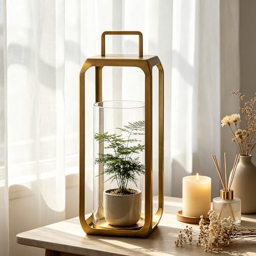 15" High Minimalist Metal Glass Lantern with Handle in Antique Brass for Pillars, Hurricane Candle Holder for Mantels, Tabletop, Centerpieces, Shelves, Entryways, Patio, Deck, Contemporary, Farmhouse - size: 15"
