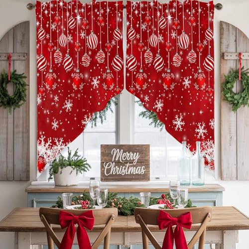 Red Christmas Swag Valances Kitchen Curtains 36 Inches Length,Christmas Balls Tier Drapes Swag Topper,Winter White Snowflake Xmas Short Window Treatment for Small Window Cafe Bathroom 2 Panels 28"x36" - color: Red White, size: 28"W x 36"L (Pack of 2)