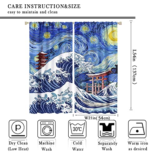Japanese Asian Art Blackout Curtains - Blue Anime Ocean The Great Waves Fantasy Starry Sky Torii Rod Pocket Window Curtain Set Energy Saving Thermal Insulated Drapes,2 Panels 54L x 21W - color: Japanese Asian Art, size: 21"W x 54"L (Pack of 2)