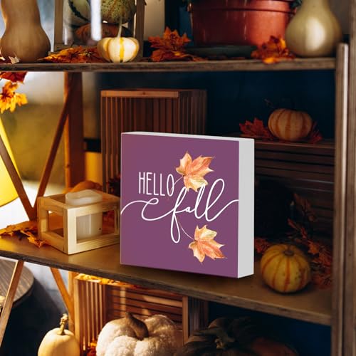 Hello Fall Sign Wood Box Sign, Fall Desk Shelf Decor, Fall Decorations for Home Farmhouse, Autumn Decor, Fall Home Decor, Purple Farmhouse Fall Wooden Box Block Sign for Home Shelf Desk Decor - color: color-11