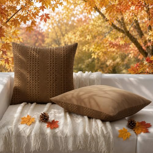 a moment 2 Pack Bamboo Fiber Pillow Covers - Waffle Weave, Ultra Soft & Breathable, Skin-Friendly Cotton Throw Pillow for Couch, Sofa, Bedroom Living Room 18x18 Inch Dark Brown - color: Dark Brown, size: 18" x 18" (Pack of 2)
