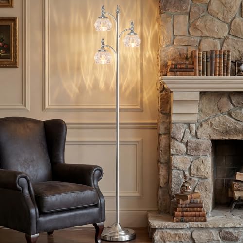 JUNNAI Brushed Nickel Floor Lamps for Living Room Silver Flower Standing Lamp with 3 Brightness Lights Glass Shades 66.5in Lamp for Bedroom Office(3LED Bulbs Included) - color: Silver-2