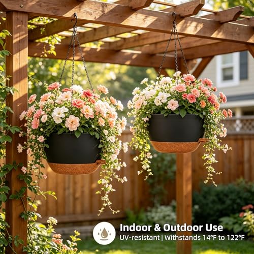 12" Self Watering Hanging Planters with Chains, Black Brown,2 Pack - color: Black Brown, size: 2 pack 12 inches
