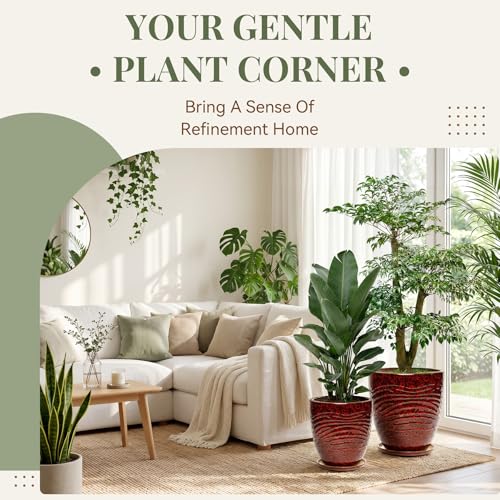 9.5 Inch Modern Ceramic Plant Pot with Saucer, Flower Pot with Drainage Hole Mesh Net,Indoor Outdoor Planter (Speckle Red) - color: Peacock Red, size: 9.5 Inch