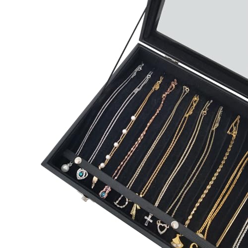 15 Hook Necklace Storage Box with Dustproof Transparent Glass Lid - color: Black-15 necklaces