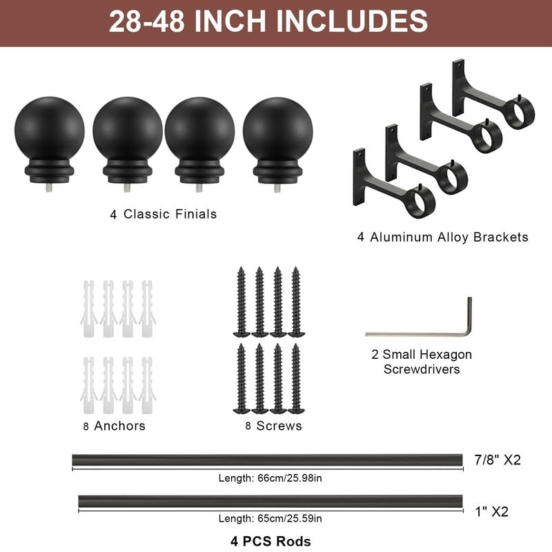 Matte Black Curtain Rods 28-48" - 2 Pack Heavy Duty 1 Inch Diameter Single Rods with Ball Finials, Adjustable for Windows - color: Matte Black 2 Pack, size: 28-48"