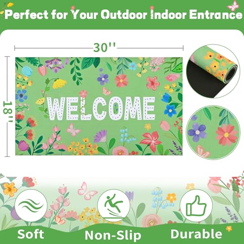 Likiyol Floral Door Mat Outside Entrance, Colorful Flower Welcome Mat Front Door Mats Non Slip Spring Doormat Outdoor Indoor Entrance, Low Profile, Absorbent, 18" x 30", Green - color: Green, size: 1'6" x 2'6" (Rectangular)
