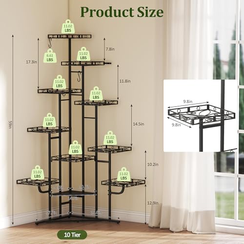 Quikraen 58" Tall Plant Stand Indoor,Multiple Tiers Corner Plant Shelf for Corner,10-Tier Large Metal Flower Holder, Plant Rack for Home Decor, Patio (Black) - color: Black, size: 10-Tier