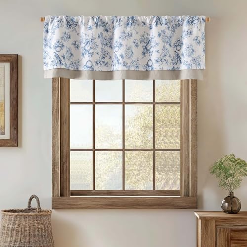 Vangao Linen Valance Curtain Double Layer Farmhouse Floral Small Window Curtain Light Filtering Valance for Kitchen Rustic Drape for Living Room Bedroom 16 Inch Rod Pocket 1 Panel Blue on Beige - color: Double Layer | Eden Blue, size: 50"W x 16"L (Pack of