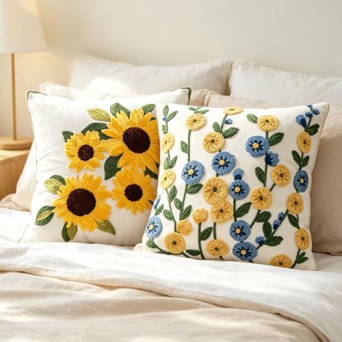 Sunflower Floral Spring Embroidered Throw Pillow Cover 18"x18" Set of 2 - color: Sunflower Yellow