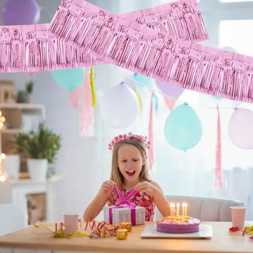 BEISHIDA Pink Fringe Garland Banner 3Pack 30ft Wall Tinsel Foil Streamers - color: Bright Pink
