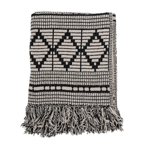 Bloomingville Soft Reclaimed Cotton Blend Throw with Diamond Pattern and Fringe, Black and Beige - color: Black and Beige