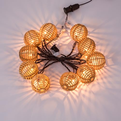 TWINKVILLA Decorative String Lights Plug in with 10 Incandescent Bulbs, Natural Rattan Globe Boho Lantern String Lights Connectable Weatherproof Outdoor Indoor for Bedroom Patio Pergola Decor