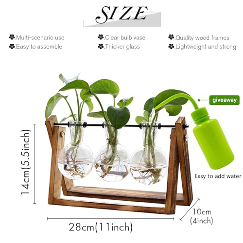 XXXFLOWER Plant Terrarium with Wooden Stand, Air Planter Bulb Glass Vase Metal Swivel Holder Retro Tabletop for Hydroponics Home Garden Office Decoration - 3 Bulb Vase - color: Transparent