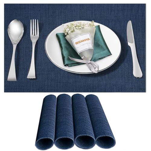 Blue Vinyl Placemats Set of 4,Washable Dining PVC Table Mats - color: Navy Blue, size: 4PCS 12"Wx18"L