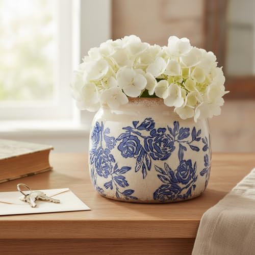 Chinoiserie Ceramic Plant Pot for Garden Decor, 6.3in Rustic Farmhouse Planter with Drainage Hole for House Plants, Blue and White Vase for Centerpiece, Kitchen & Office Decoration, Plant Lover Gifts - color: Blue & White Chinoiserie Floral, size: 6.3 in
