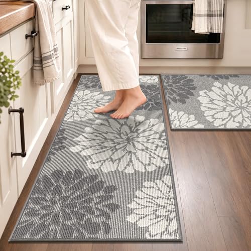 Findosom Kitchen Rugs Sets of 2, Floral Washable Kitchen Runner Rug, Gray - color: Grey, size: 24" x 36" + 24" x 60"