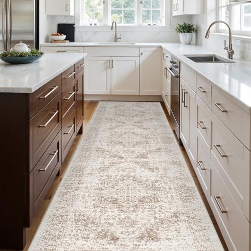 4x10 Washable Hallway Runner Rug: Vintage Wide Low Pile Rugs NaturalBeige - color: Ivory/Beige, size: 4x10