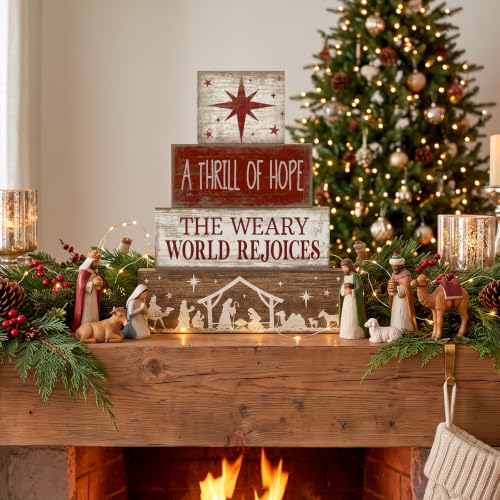 Lineshading 4 Pcs Christmas Table Decorations, Nativity Star Wooden Signs - style: A Thrill of Hope