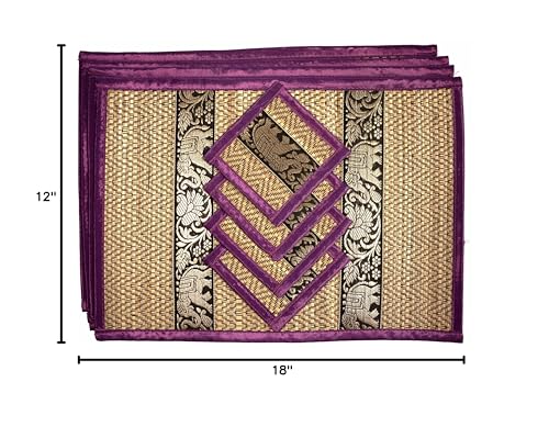 Hand-Woven Wicker Reed Placemats Coaster Set Eco-Friendly Alternative to Plastic Heat Resistant Thai Style Durable Easy to Clean for Dining Table Set of 4 (Medium, Purple) - color: Purple, size: Medium