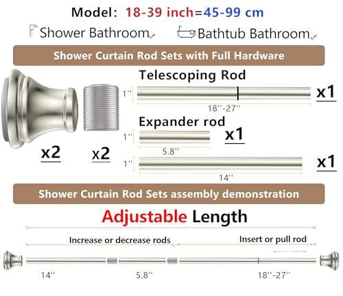 Brushed Nickel Tension Shower Curtain Rod – Adjustable 18-39 Inches, Fits 20-38 Inch Spaces, No Drill Rust Resistant Spring Rod for Bathroom, Kitchen, Bedroom, Balcony - color: Brushed Nickel, size: 18-39 inch