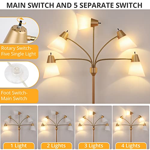 FOLKSMATE LED Floor Lamp, Medusa Multi Head Modern Tall Standing Lamps, Adjustable Corner Reading Floor Light for Living Room, Bedroom, Kids Room, White and Colored Lampshades, Brass Gold - color: Brass