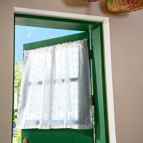 jinchan Colorful Pom Pom Voile Kitchen Tier Curtains 24 Inches 2 Panels - color: Dottie Blush Meadow, size: 26"W x 24"L (Pack of 2)