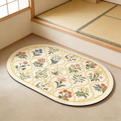 Vintage Floral Bathroom Rug Mat, 16"x24" Non-Slip Absorbent Bath Rug, Quick Dry Washable Entryway Rug, Retro Botanical Pattern Floor Mat for Bathroom, Kitchen, Bedroom (Yellow, Oval) - color: Oval,yellow, size: 24" x 16"