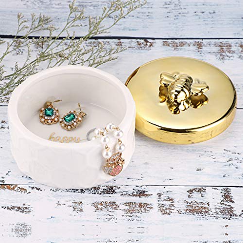 Hipiwe Ceramics Jewelry Box with Golden Bee Lid - Small Jewelry Display Organizer Holder Trinket Storage Tank Container for Home Decor,Gift for Women - color: Gold Bee, size: 4.1" x 4.1" x 3.1"