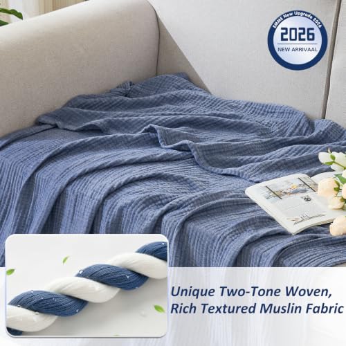 EMME Muslin Cotton Blanket Adults Heather Navy Throw XL 50"x70" - color: 01 - Navy, size: Large Throw (50" X 70")