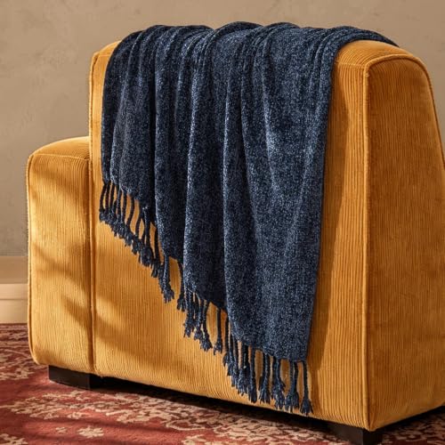 BEDELITE Soft Cozy Chenille Knit Throw Blanket with Tassel,Farmhouse Boho - color: Navy, size: Throw(50"x60")