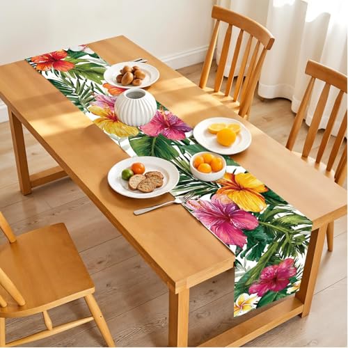 Exotic Beauty Table Runner – 13x72 Inch Tropical Hibiscus Floral Table Decor with Lush Green Leaves, Summer Dining Table Runner for Kitchen, Wedding, Patio, or Luau Party Decorations - color: 67