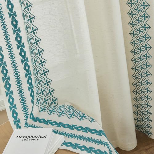 Natural Linen Curtains 72 Inches Long 2 Panels set for Living Room Bedroom Grommet Vintage Flax Drapes Embroidery Retro Window Curtains Bohemian Country Rustic Decor, 52x72 Inch Length, Teal Blue - color: Teal Blue, size: 52"W x 72"L (Pack of 2)