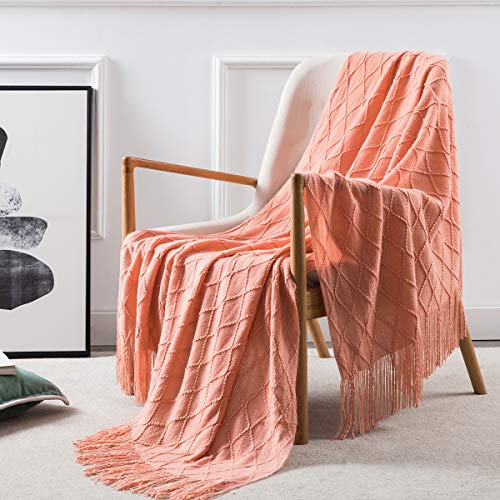 Homiest Coral Knitted Throw Blanket with Fringe, 50x60 Inch - color: Coral, size: 50" x 60"