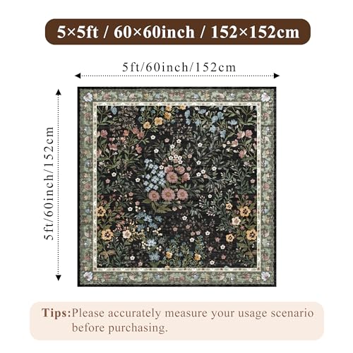 5x5 Living Room Area Rug Washable: Floral Non-Slip Mats for Indoor Floor Entryway Dining Room Bedroom - Soft Thin Carpet for Vintage Neutral Home Decor (5ft Square, Black) - color: Black, size: 5x5