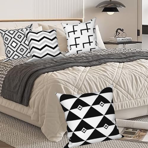 Black White Throw Pillow Cover 16"x16" Set of 4, Modern Minimalist Geometric Irregular Stripes Cushion Cover for Sofa Chair Couch Bed Office Garden Patio Farmhouse Indoor Outdoor - color: Geometric 7, size: 16" x 16" (Pack of 4)