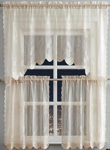 Warm Home Designs 3 Piece Golden Crochet Tiers & Swag. SIC Linen Set 36 - color: Linen, size: 30"W x 36"L (Pack of 3)