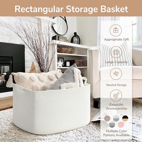 Goodpick Large Woven Rope Blanket Basket, Rectangle, White, 75L - color: White, size: Large(21.6"L x 14.9"W x 11.8"H)