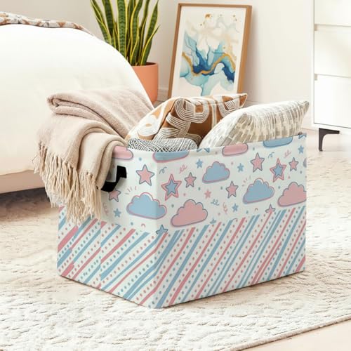 Pastel Clouds Stars Laundry Hamper, 56L Large Foldable Laundry Basket with Handles, for Family Clothes, Toy Storage Bin, Blankets,Decorative Organizer for Shelves & Closet Home Decor Bedroom & Nursery - color: Pastel Clouds Stars