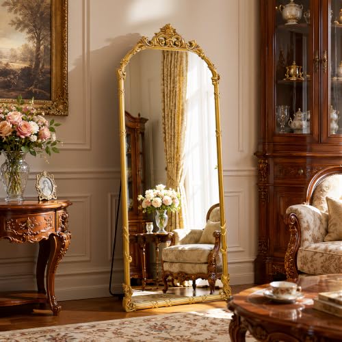 69"x28" Antique Gold Arched Vintage Floor Mirror with Carved - color: Antique Gold